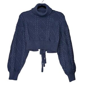 Dusty Blue Cropped Open Lace Up Back Sweater